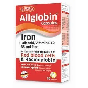 Allglobin Iron   Folic Acid, Vitamin B12, B6 & Zinc 30 Capsules