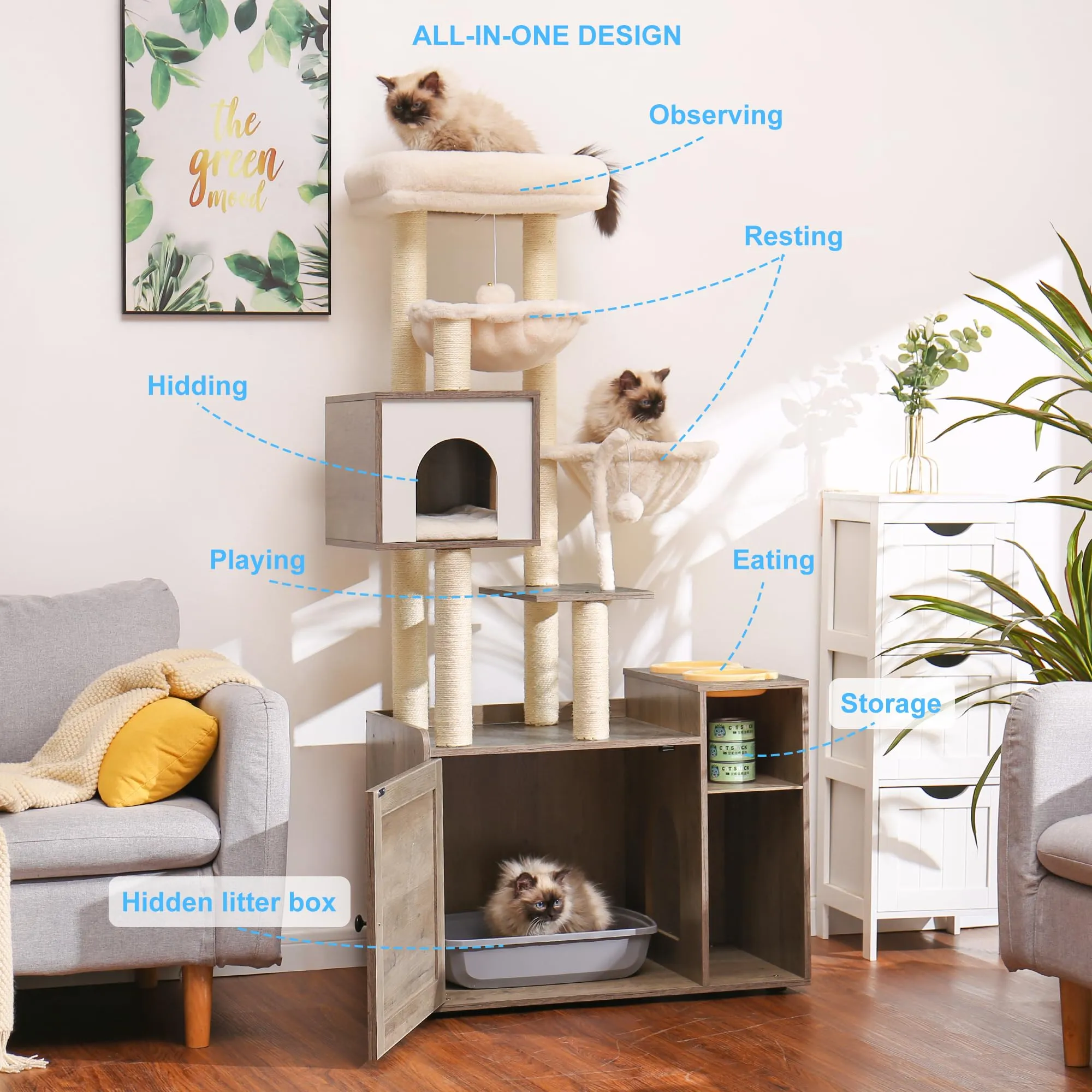 Cat Tree with Litter Box Enclosure, Modern Cat Tower for Indoor Cats with Large Platform
