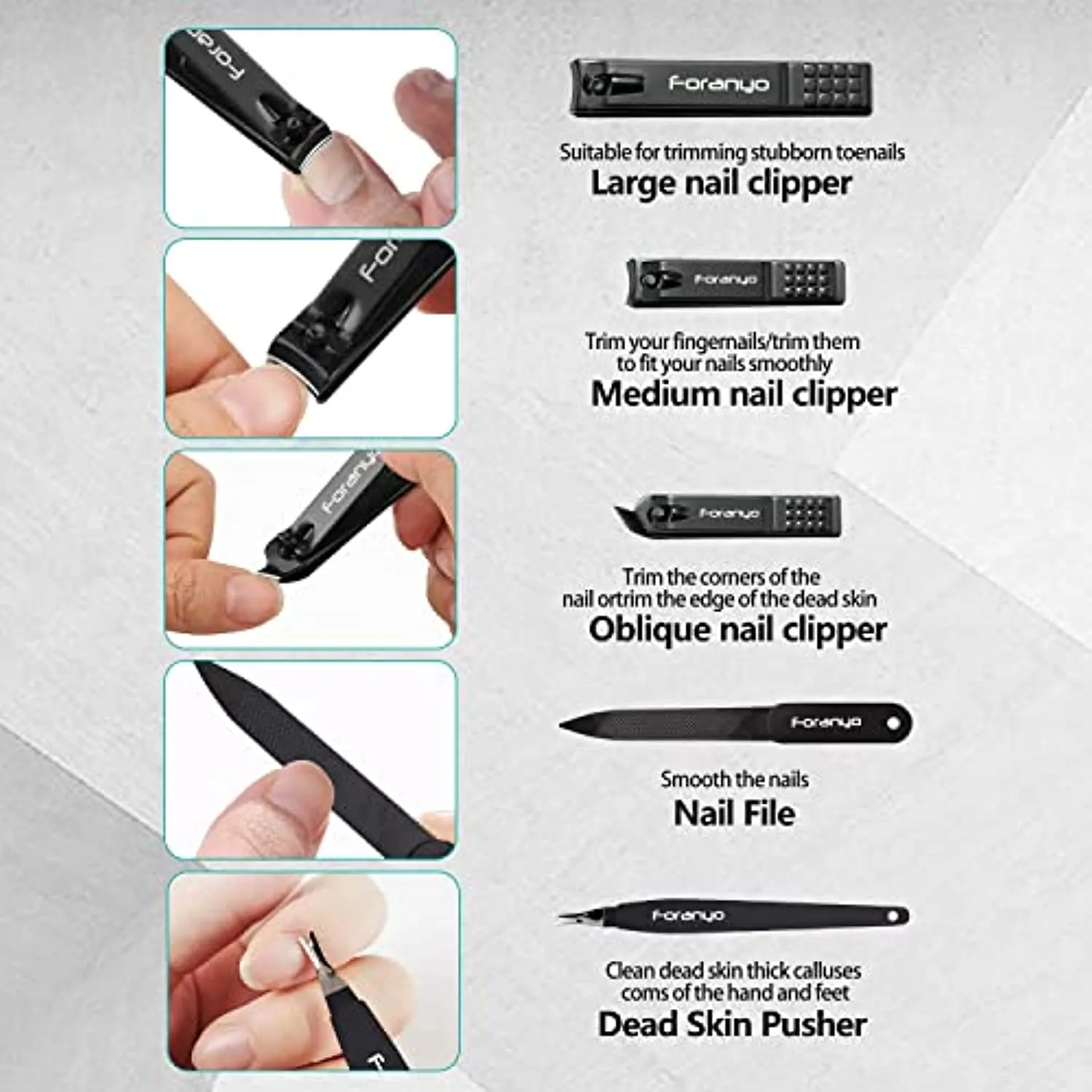 Foranyo Nail Clippers, 5 in 1 Stainless Steel Nail Clipper Set, Professional Fingernail & Toenail Clippers with Gift Box(Black)
